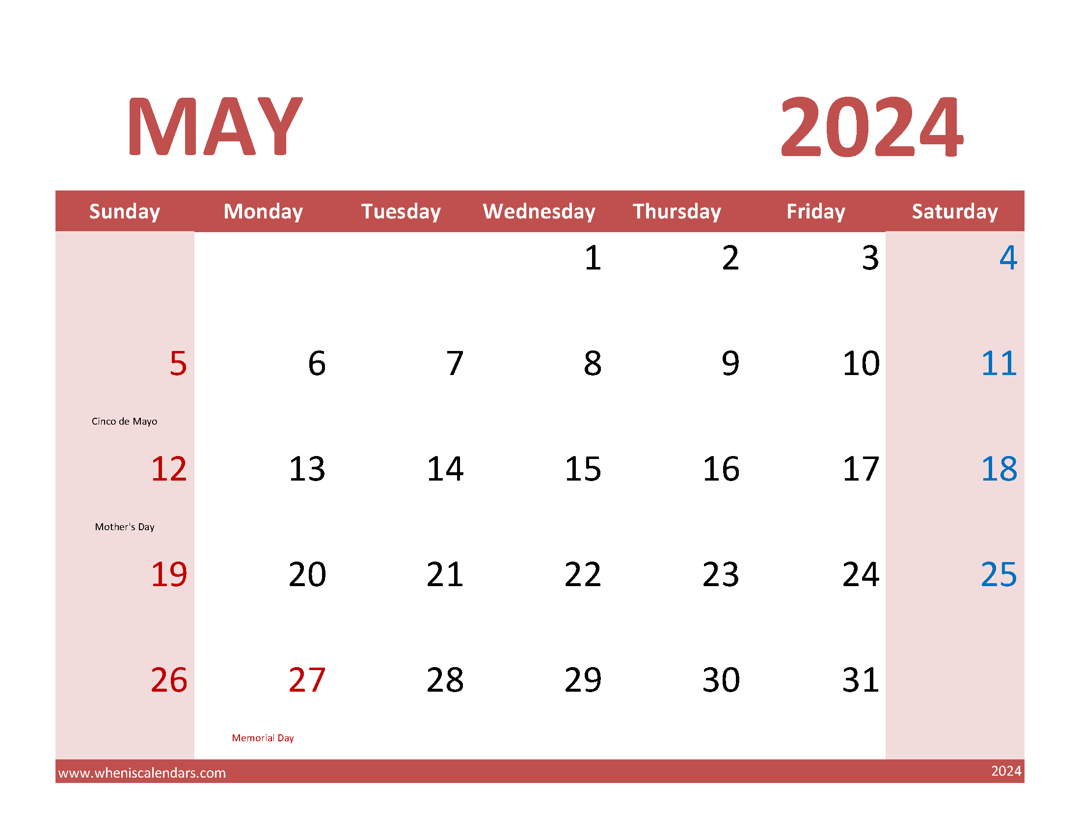 Blank Calendar May 2024 pdf Monthly Calendar