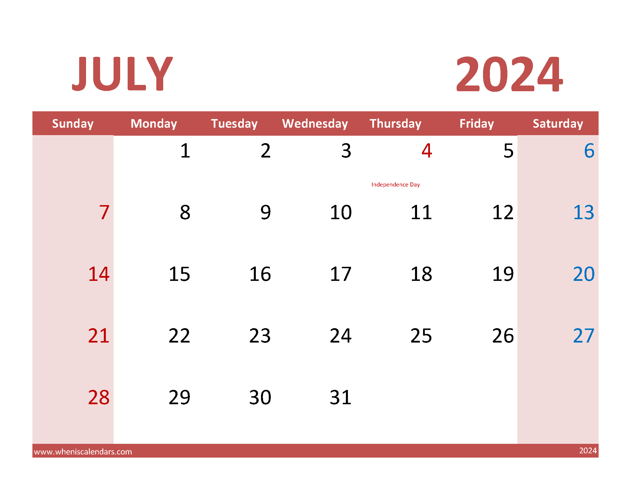 Blank Calendar July 2024 pdf Monthly Calendar