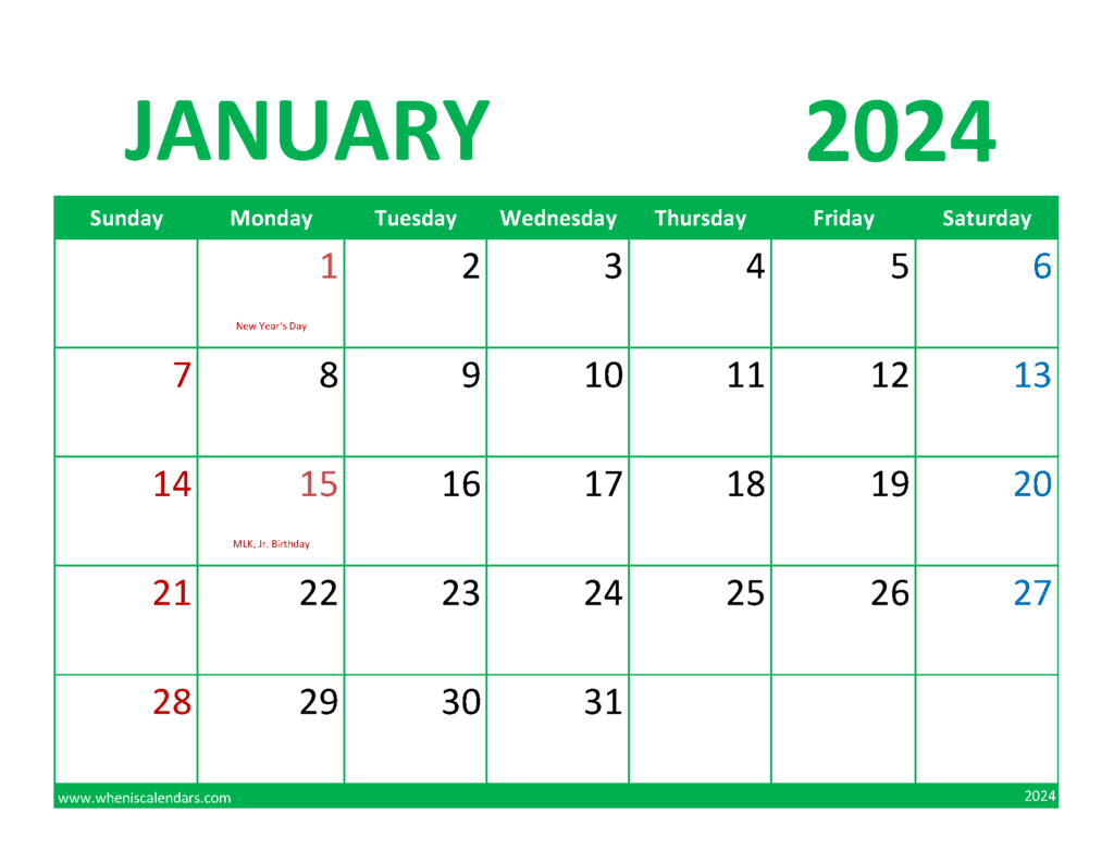 Free Printable January 2024 monthly Calendar J14356