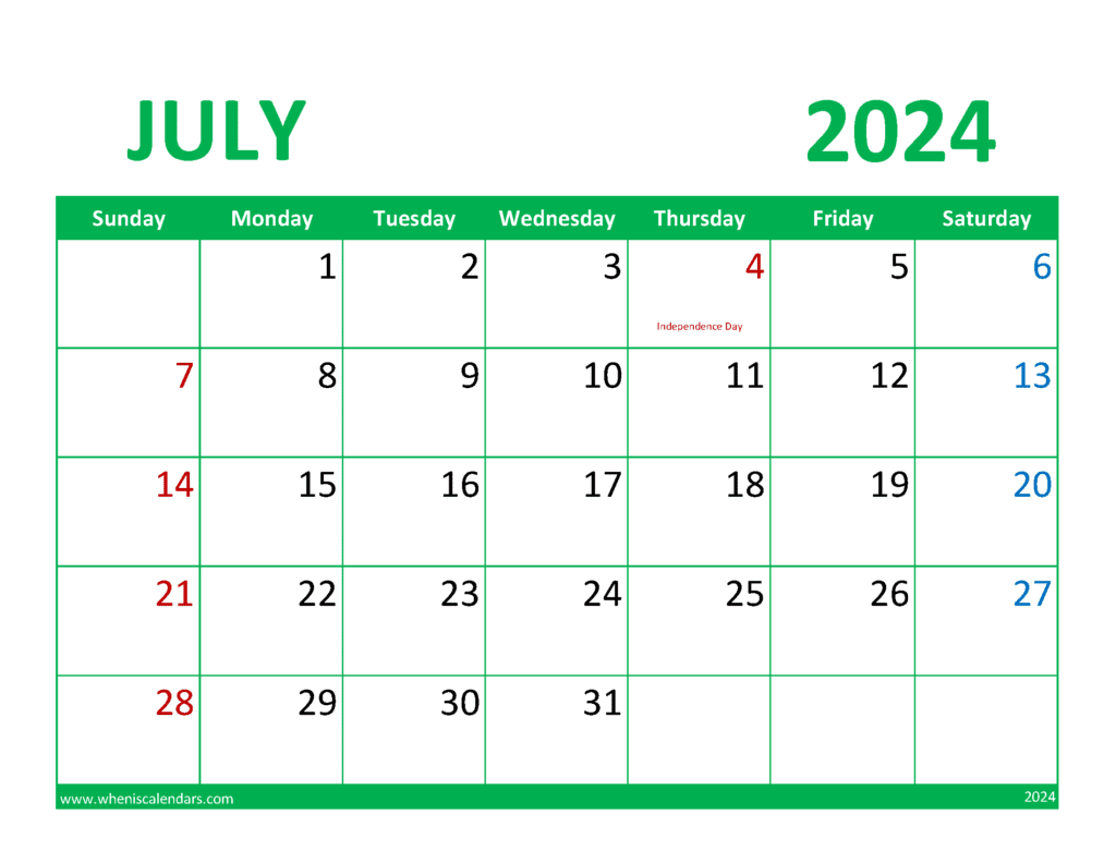 Free Printable July 2024 monthly Calendar J74356
