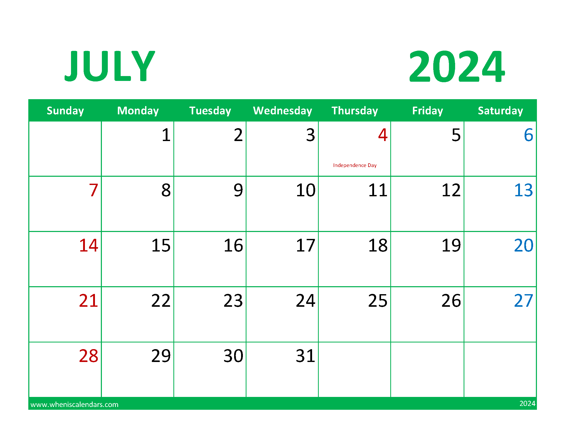 Free Printable July 2024 monthly Calendar Monthly Calendar