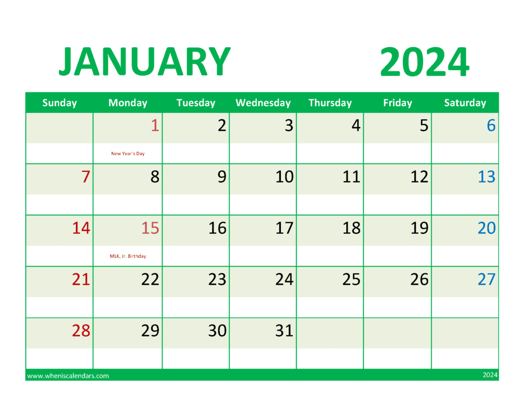 January 2024 weekly planner Printable Monthly Calendar
