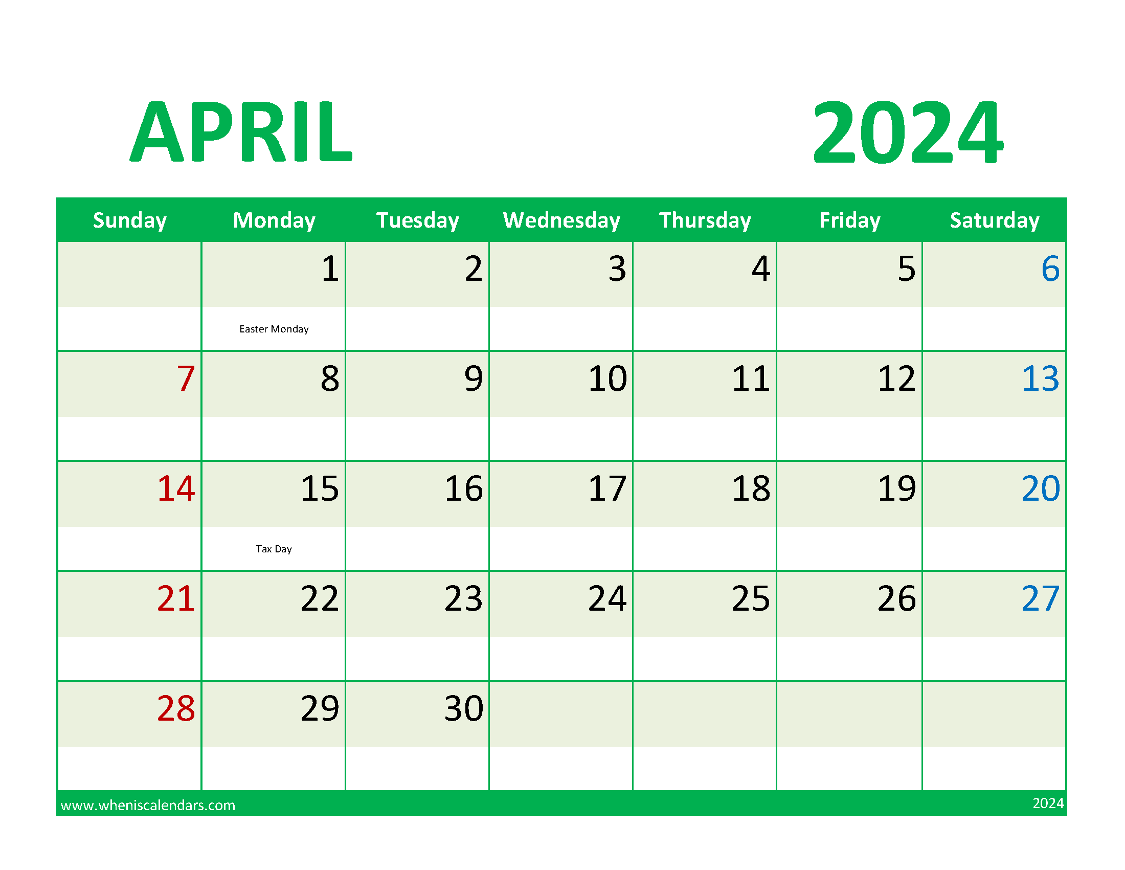 April 2024 weekly planner Printable Monthly Calendar