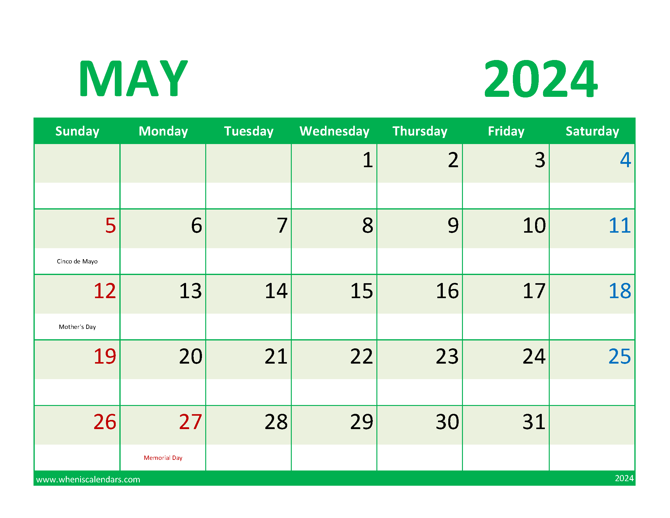 May 2024 weekly planner Printable Monthly Calendar