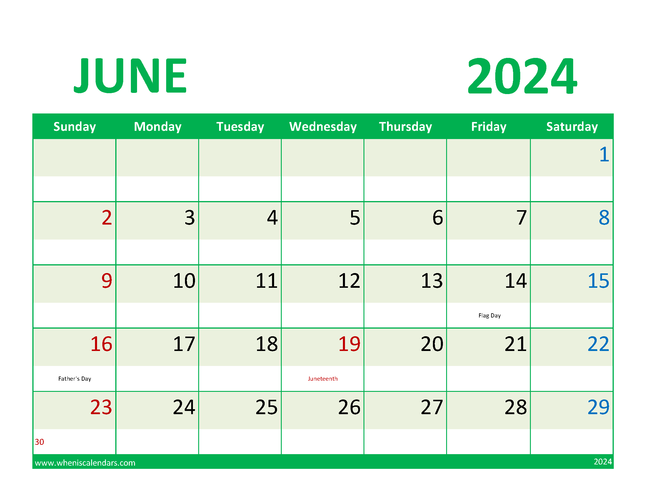 June 2024 weekly planner Printable Monthly Calendar