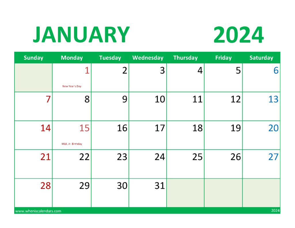 Download month of January Printable Calendar 2024 Letter Horizontal J4358