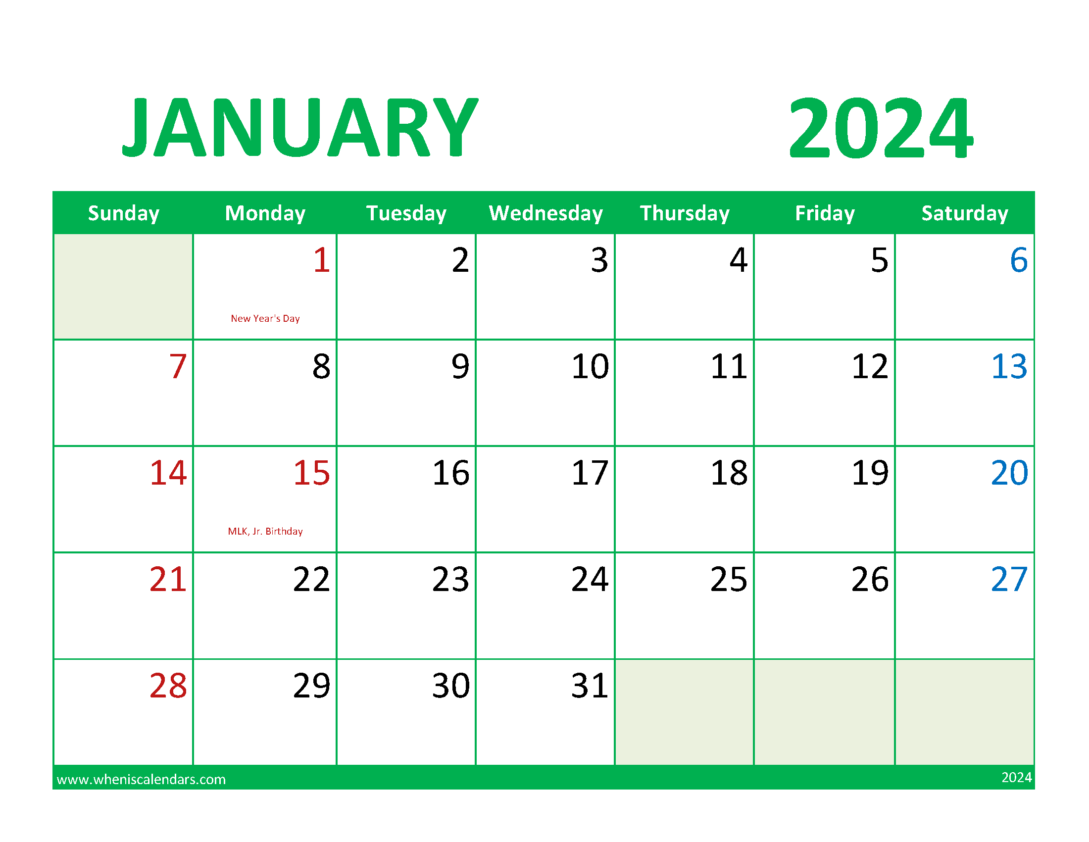month of January Printable Calendar 2024 Monthly Calendar