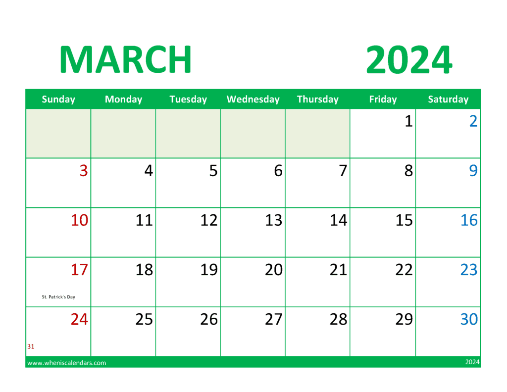 Download month of March Printable Calendar 2024 Letter Horizontal M34358