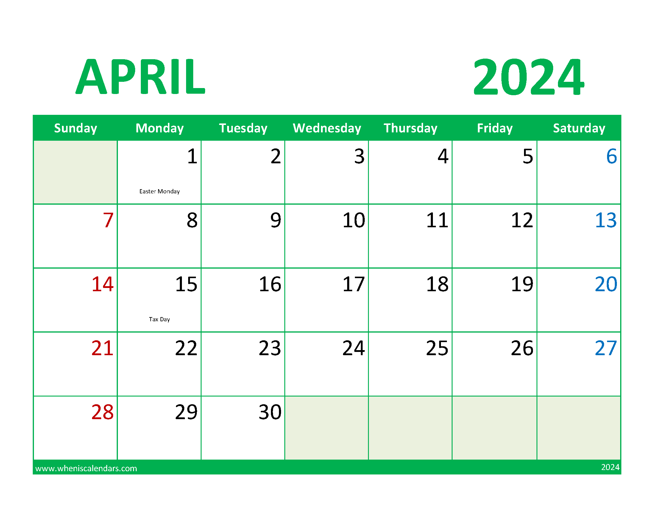 month of April Printable Calendar 2024 Monthly Calendar