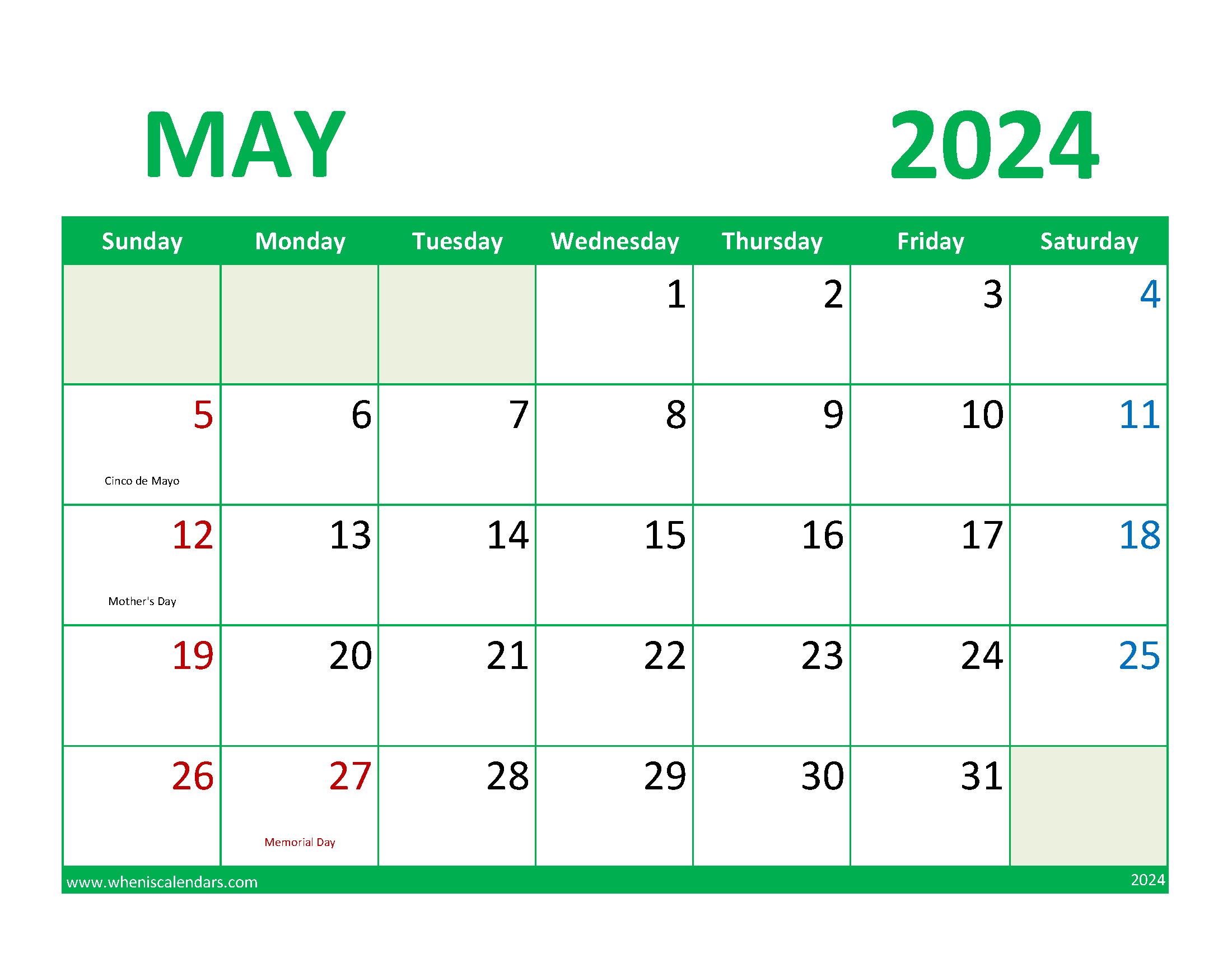 month of May Printable Calendar 2024 Monthly Calendar