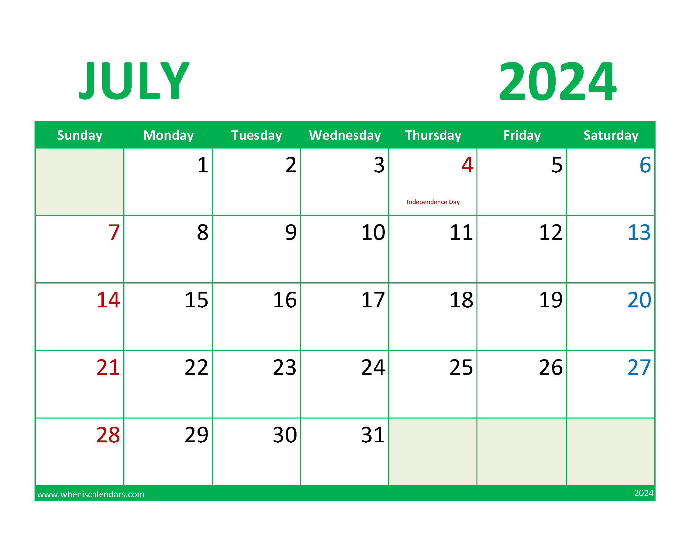 month of July Printable Calendar 2024 Monthly Calendar