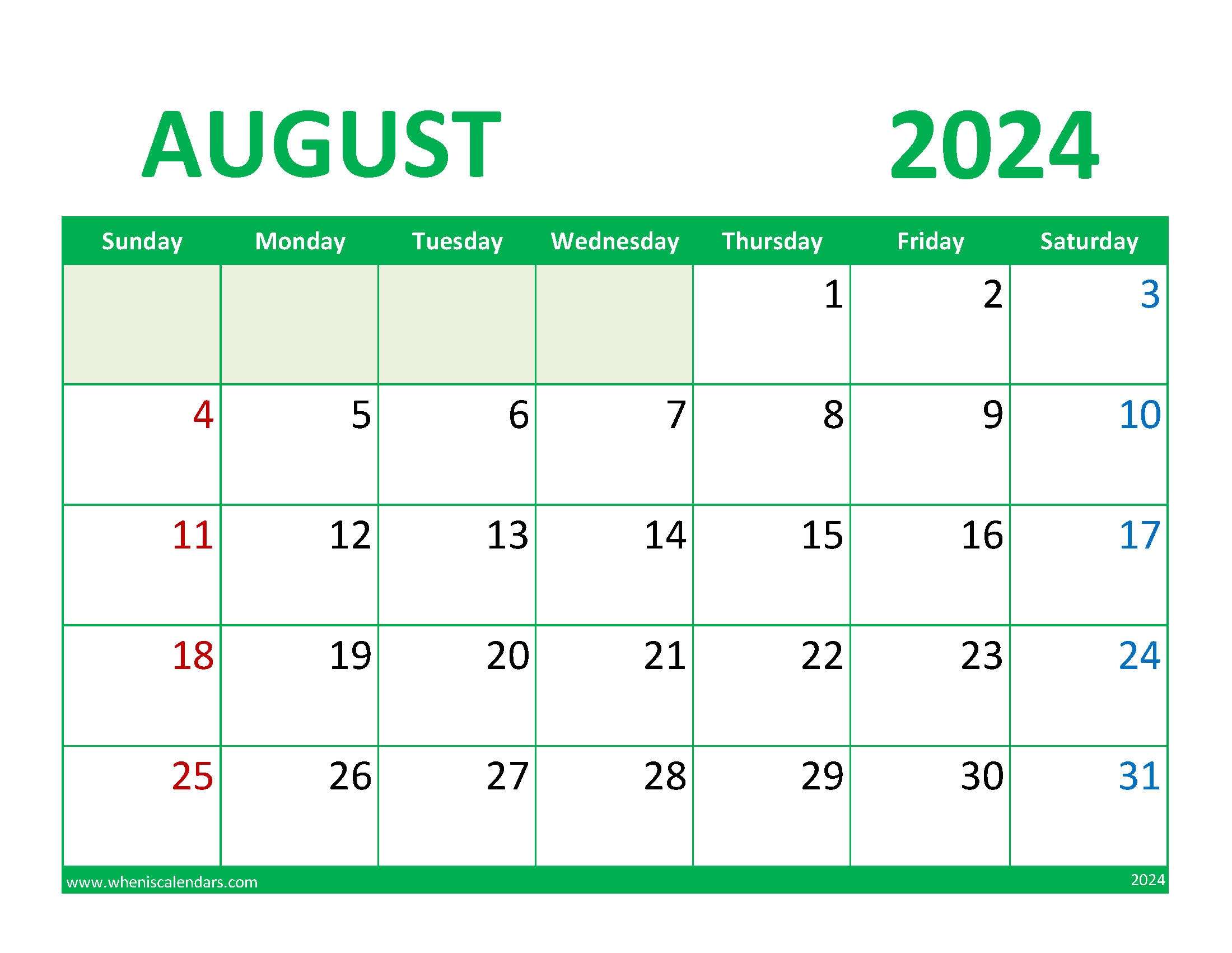 month of August Printable Calendar 2024 Monthly Calendar