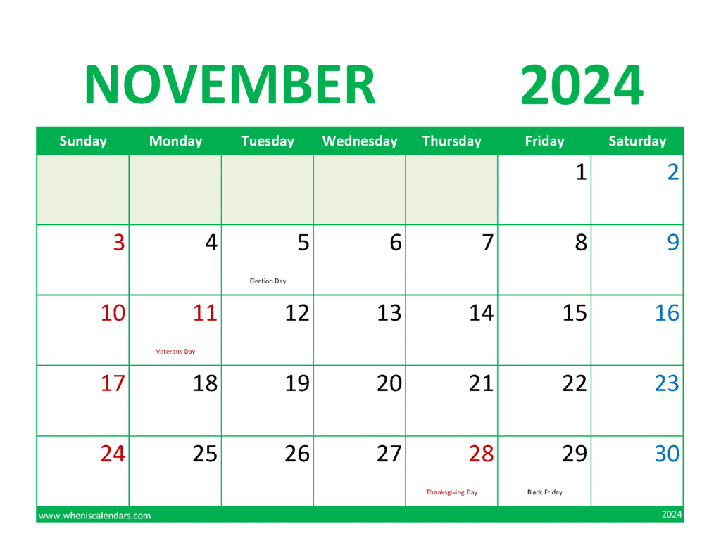 Download free November Calendar 2024 with Holidays printable A4 in Vertical Portrait