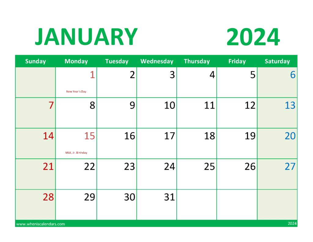 Download January 2024 Calendar Printable with notes Letter Horizontal J4359