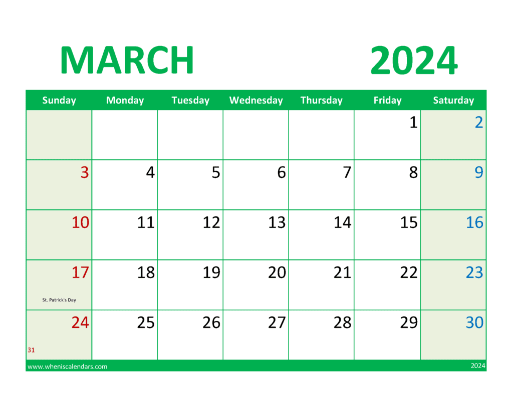Download March 2024 Calendar Printable with notes Letter Horizontal M34359