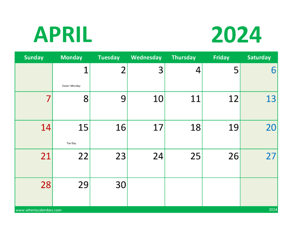 April 2024 excel Calendar A44079