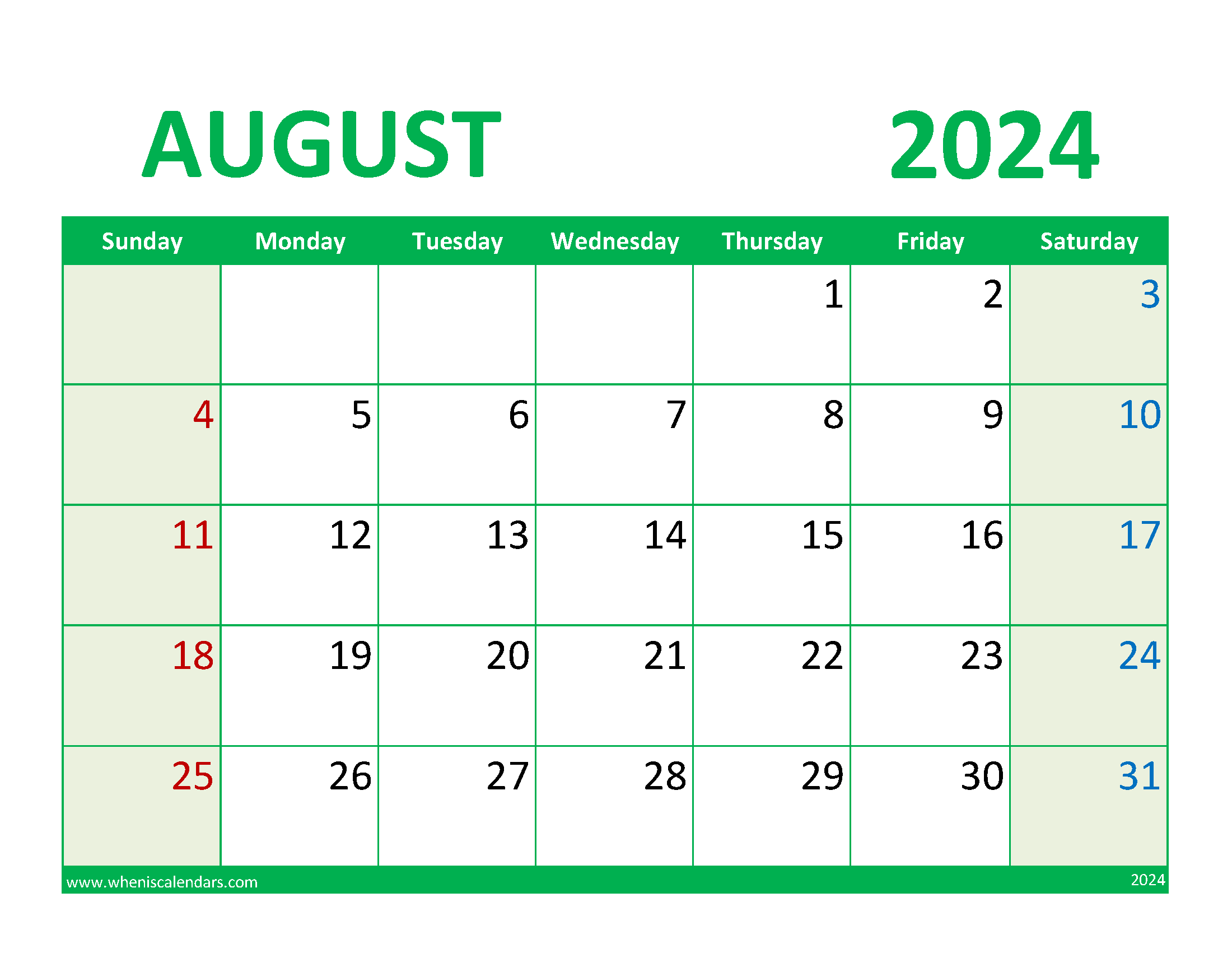 August 2024 Calendar Printable with notes Monthly Calendar