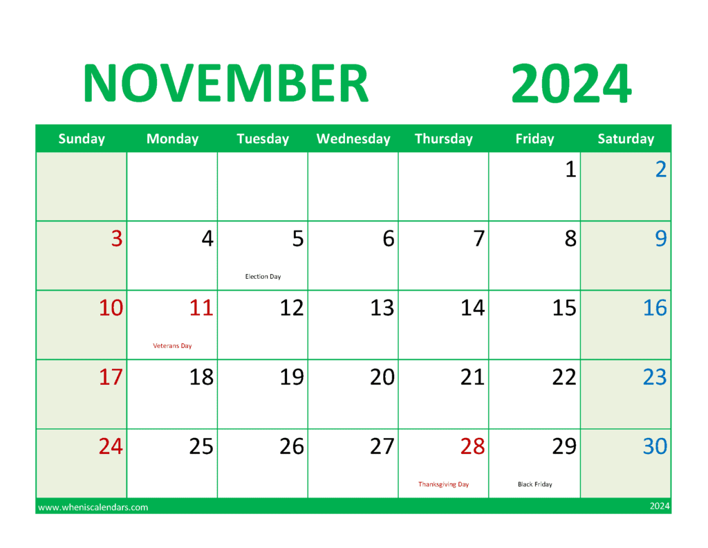 November 2024 excel Calendar Monthly Calendar