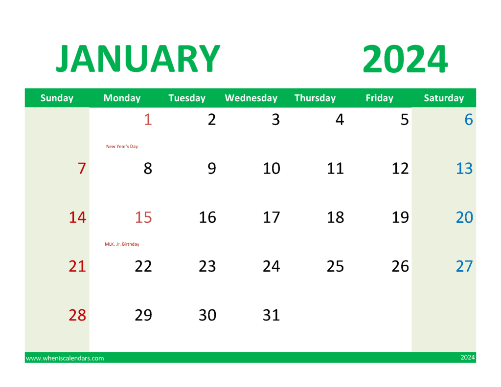 Calendar 2024 January Free Printable Monthly Calendar