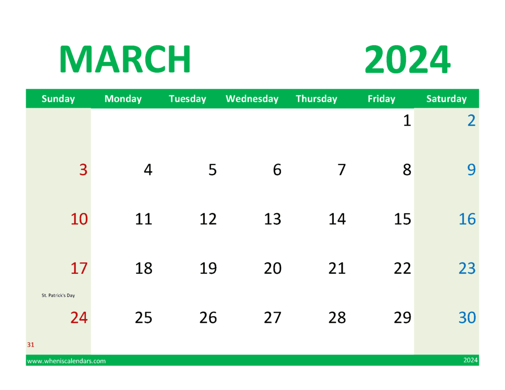 Download Calendar 2024 March Free Printable Letter Horizontal M34360
