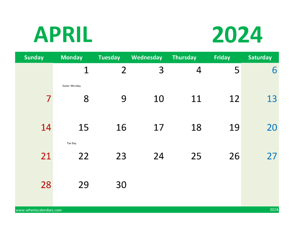 April Calendar with Holidays 2024 A44080