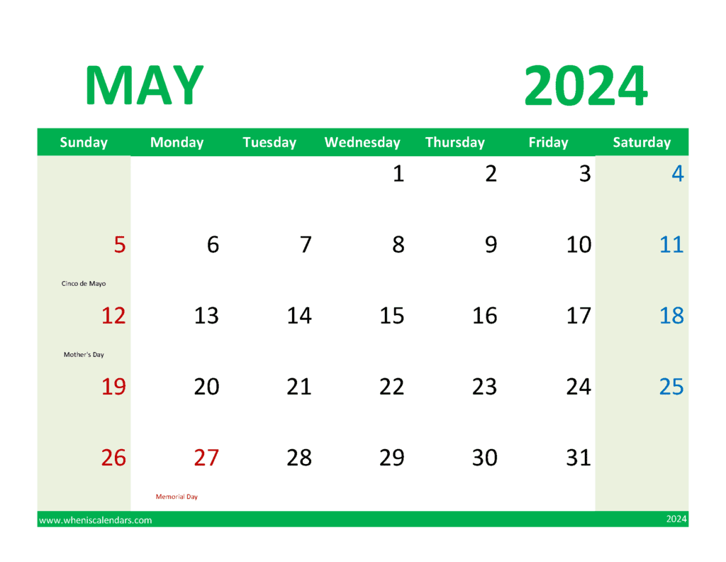Calendar 2024 May Free printable M54360