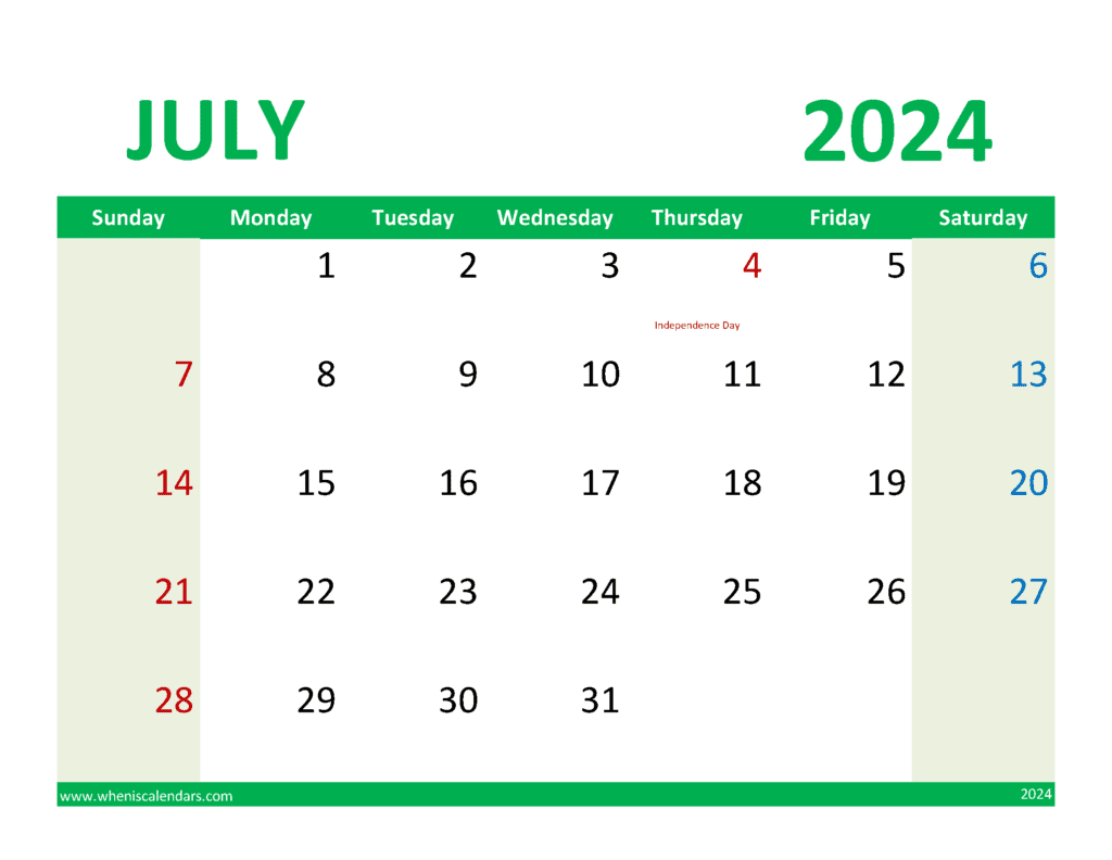 Calendar 2024 July Free Printable J74360