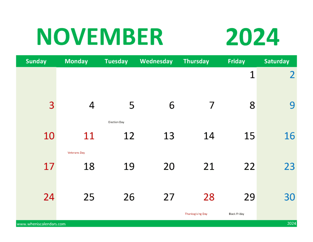 November Calendar with Holidays 2024 Monthly Calendar