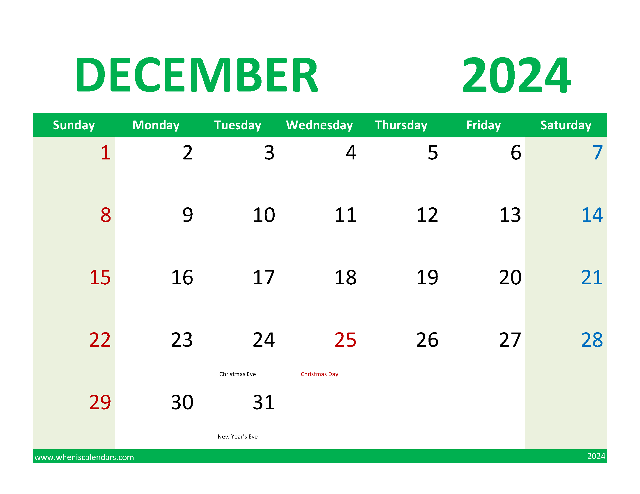 Calendar 2024 December Free Printable Monthly Calendar