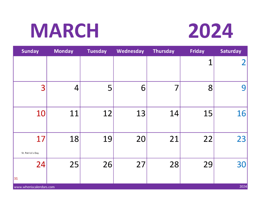 March 2024 monthly Calendar Free Printable M34361