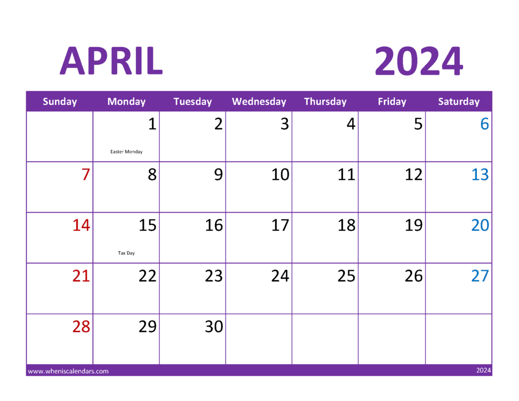 April 2024 monthly Calendar Free Printable Monthly Calendar