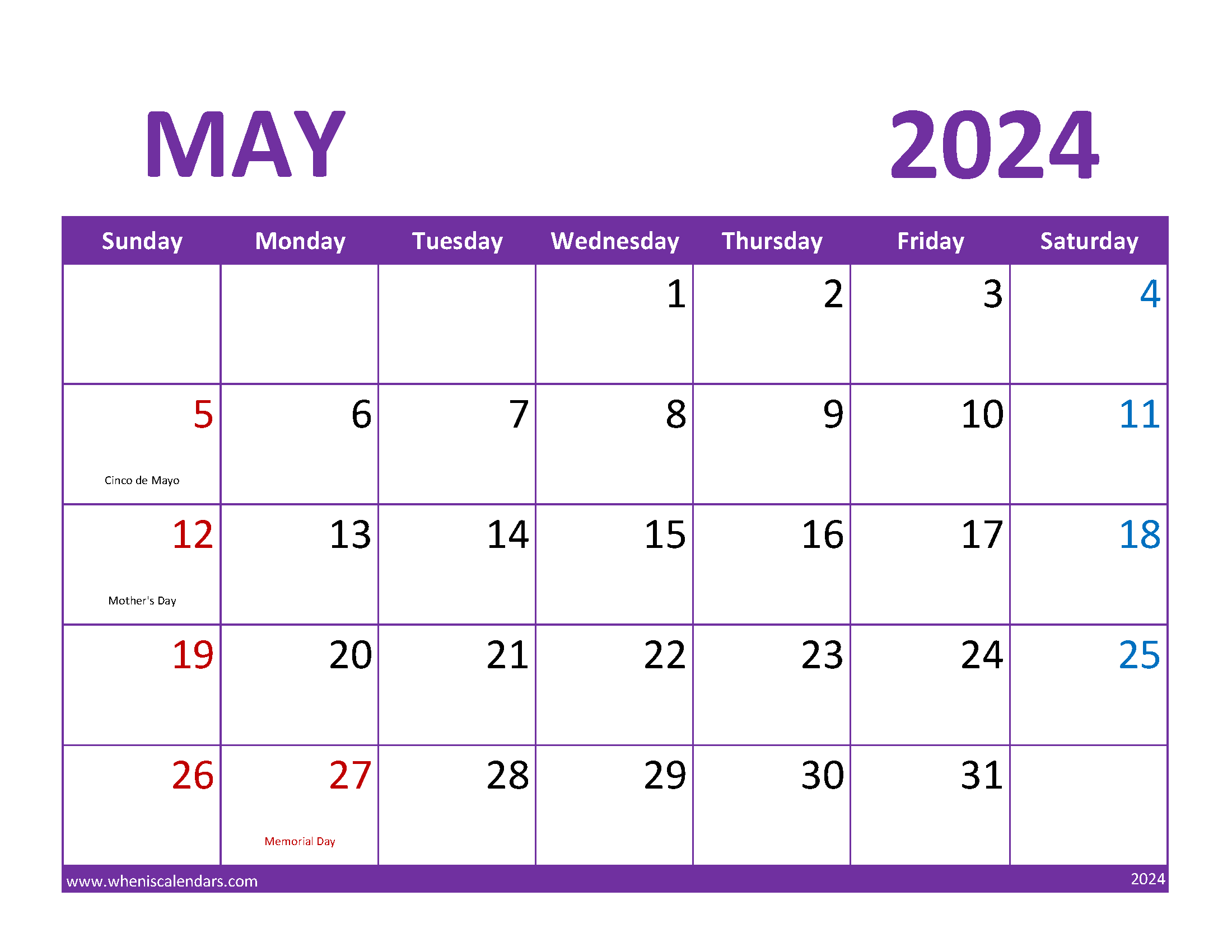 May 2024 monthly Calendar Free Printable Monthly Calendar
