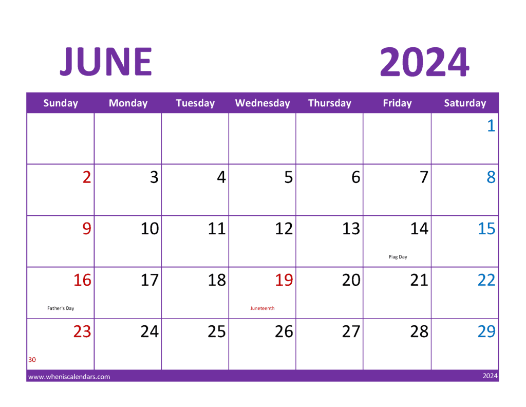 Download June 2024 monthly Calendar Free Printable Letter Horizontal J64361