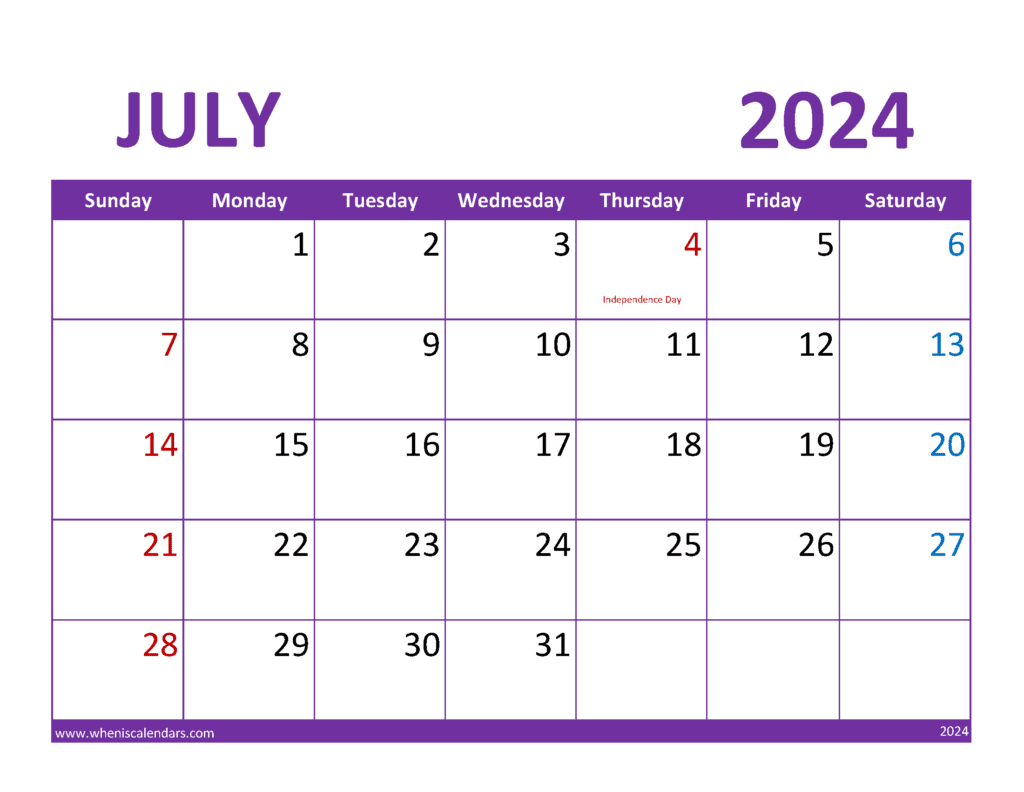 Download July 2024 monthly Calendar Free Printable Letter Horizontal J74361