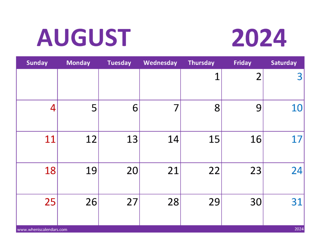 August Calendar 2024 Printable Free Monthly Calendar