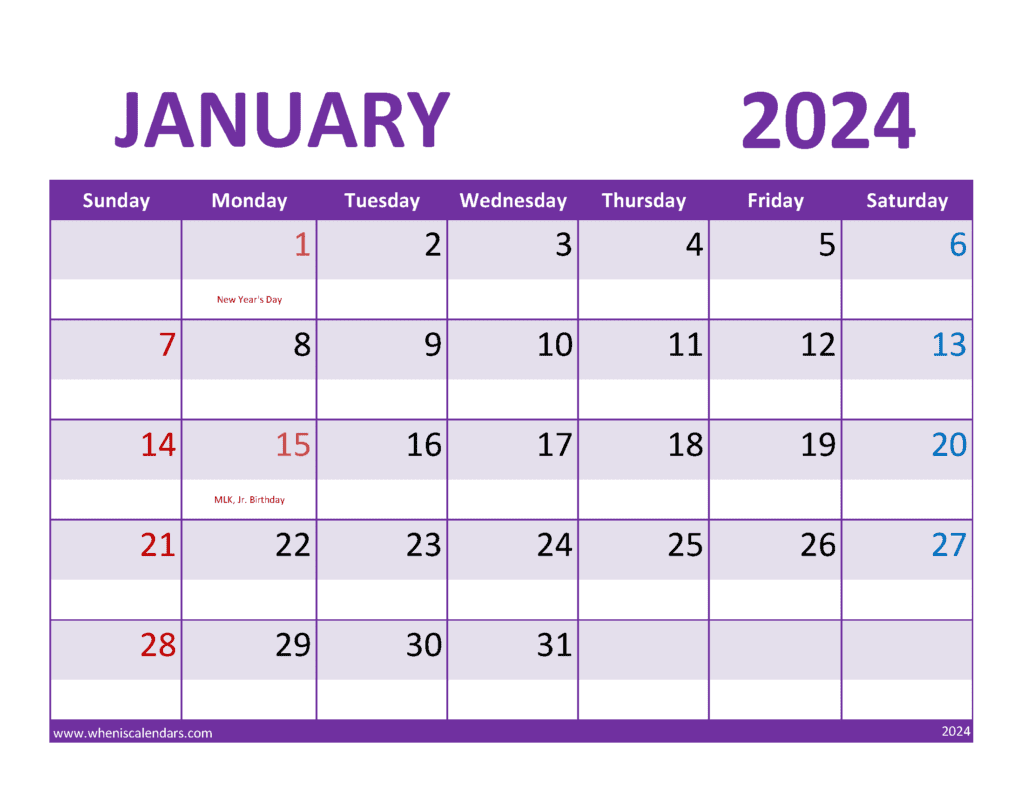 Free Printable January 2024 Monthly Calendar