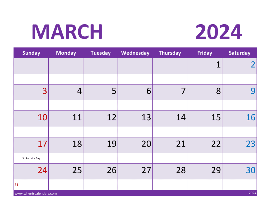 Download Printable Calendar Mar 2024 Free Letter Horizontal M34362
