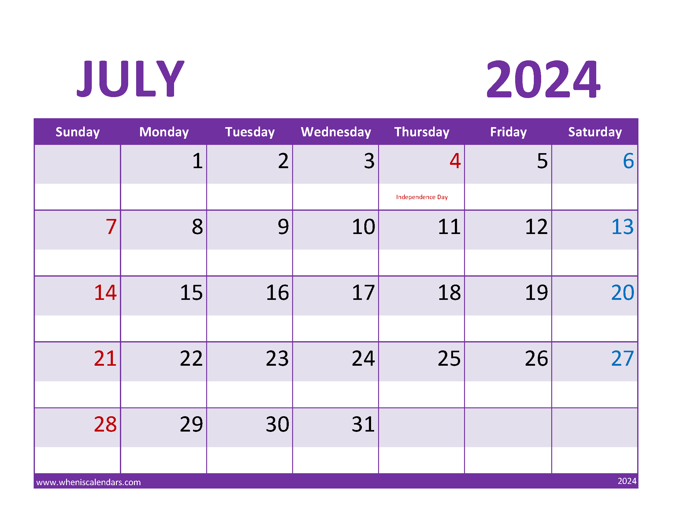 Printable Calendar Jul 2024 Free Monthly Calendar
