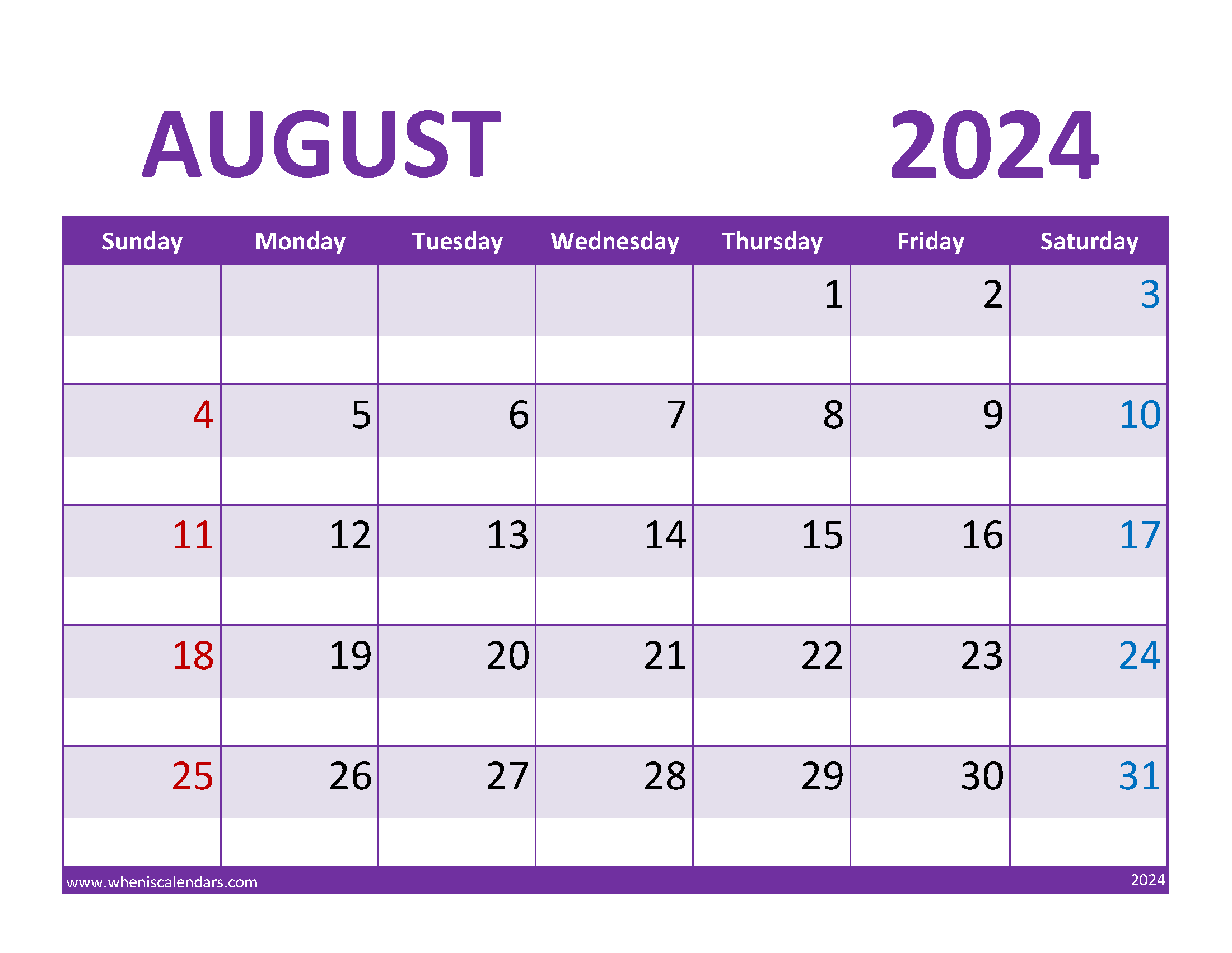 Printable Calendar Aug 2024 Free Monthly Calendar