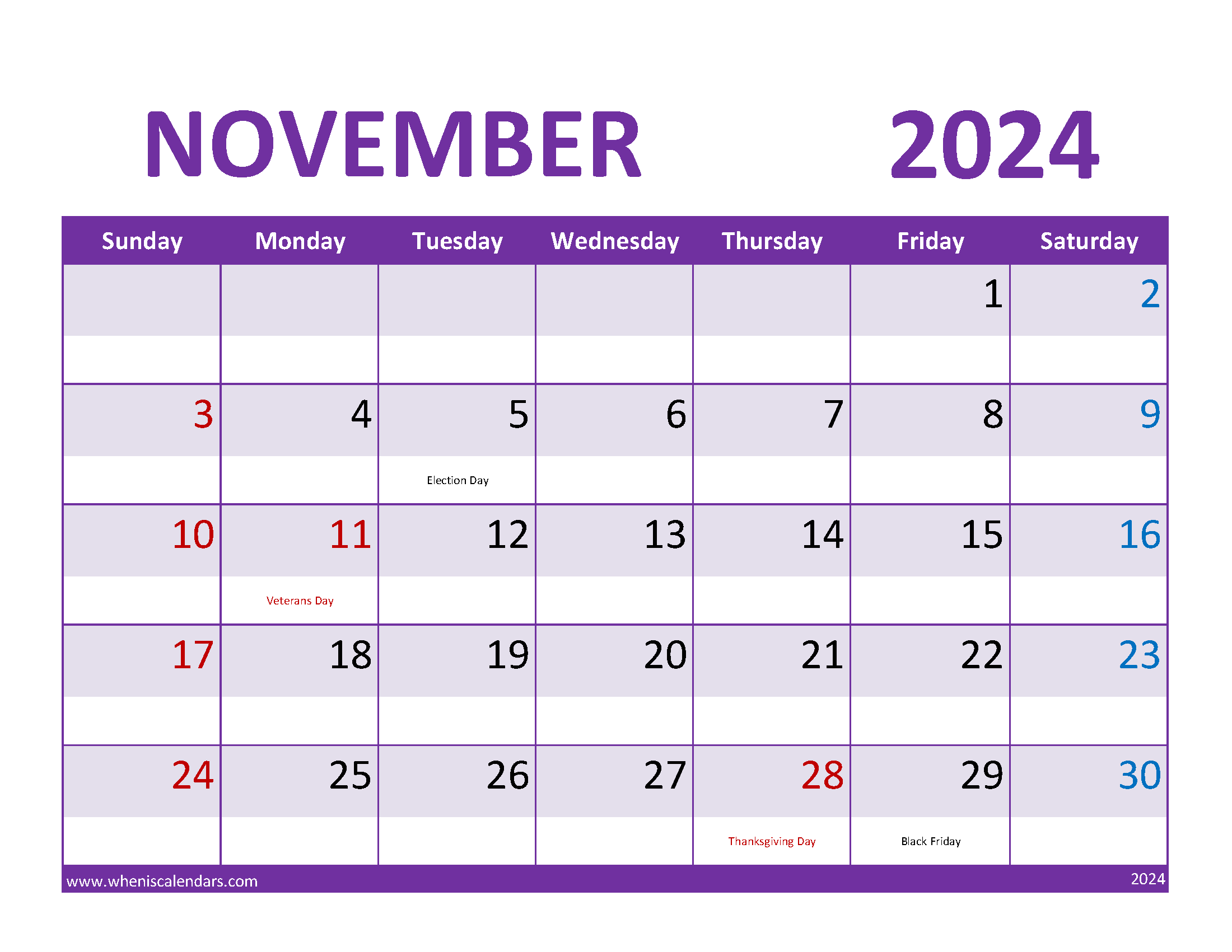 Printable Calendar Nov 2024 Free Monthly Calendar