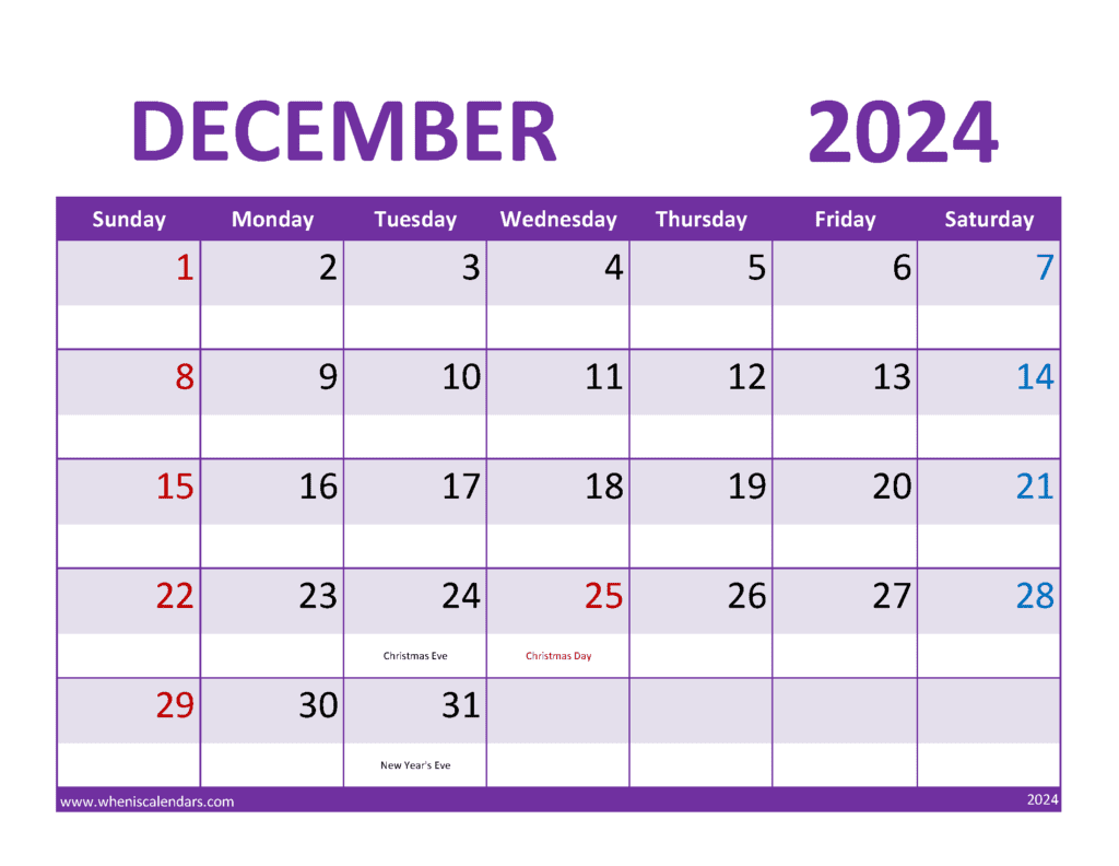 Free Printable December 2024 Monthly Calendar