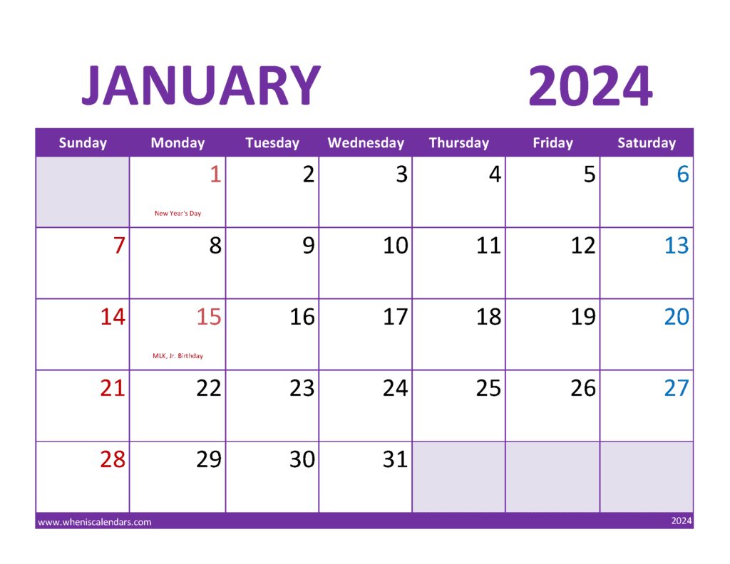 Blank January 2024 Calendar Free J14363