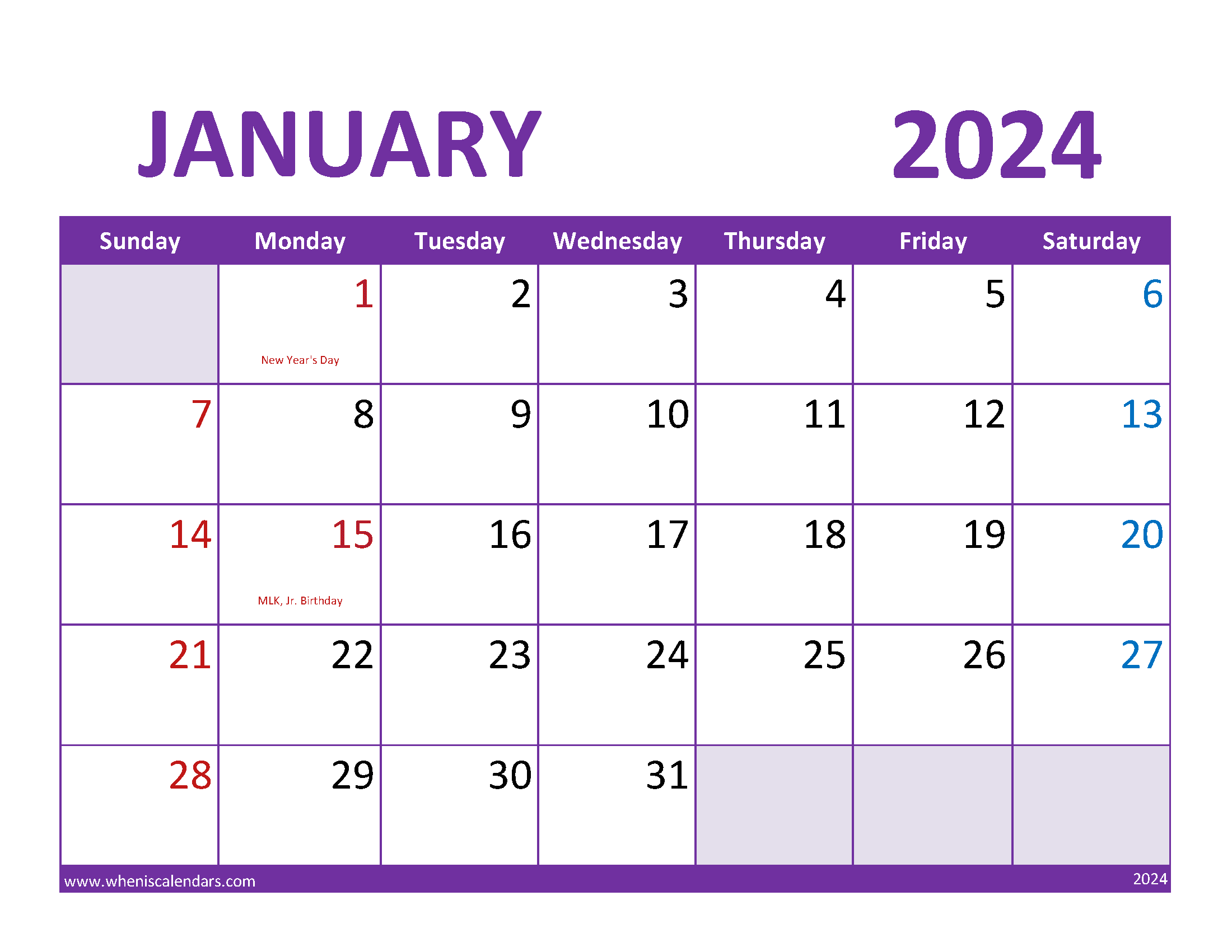 Blank January 2024 Calendar Free Monthly Calendar
