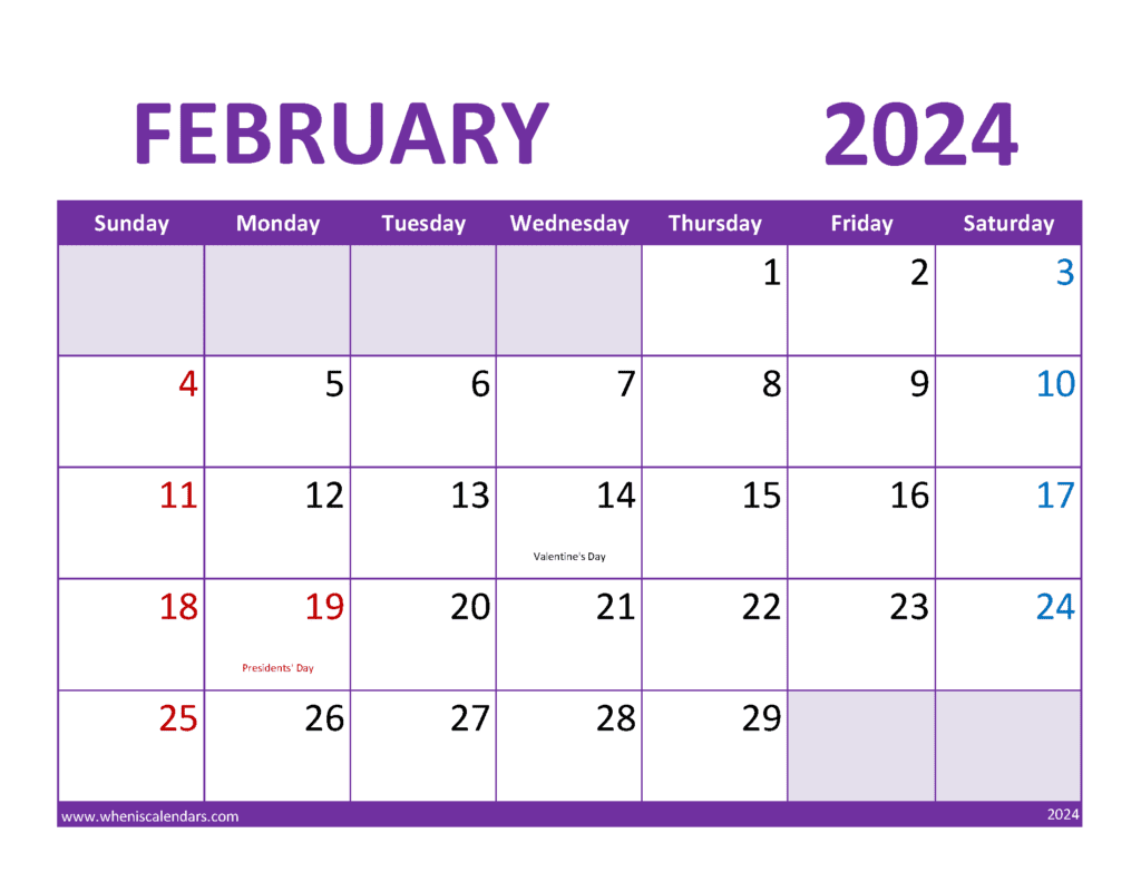 Download Blank February 2024 Calendar Free Letter Horizontal F4363