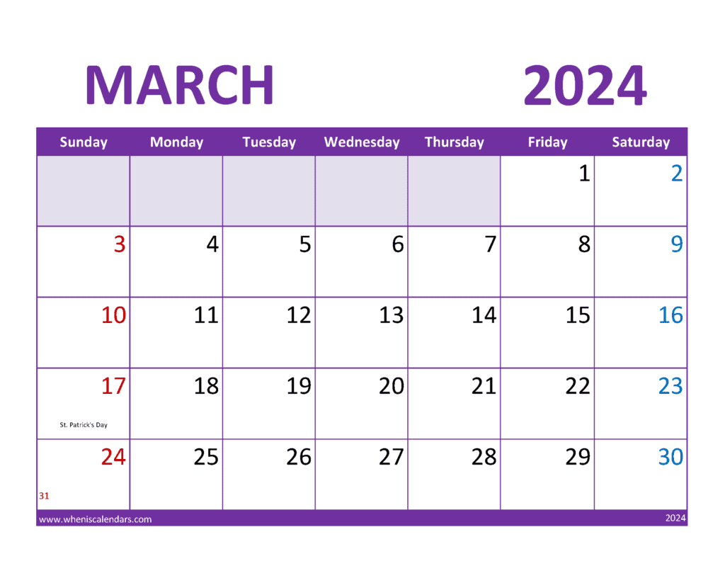 Download Blank March 2024 Calendar Free Letter Horizontal M34363