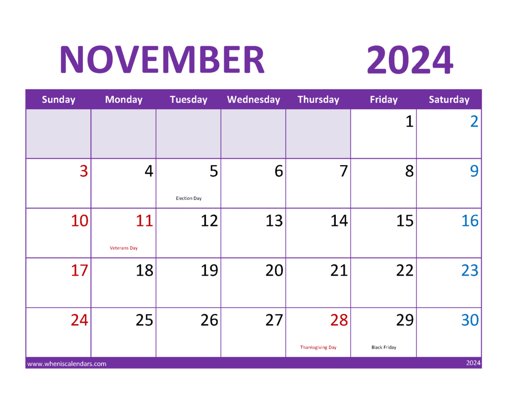 November 2024 Calendar Holidays list Monthly Calendar
