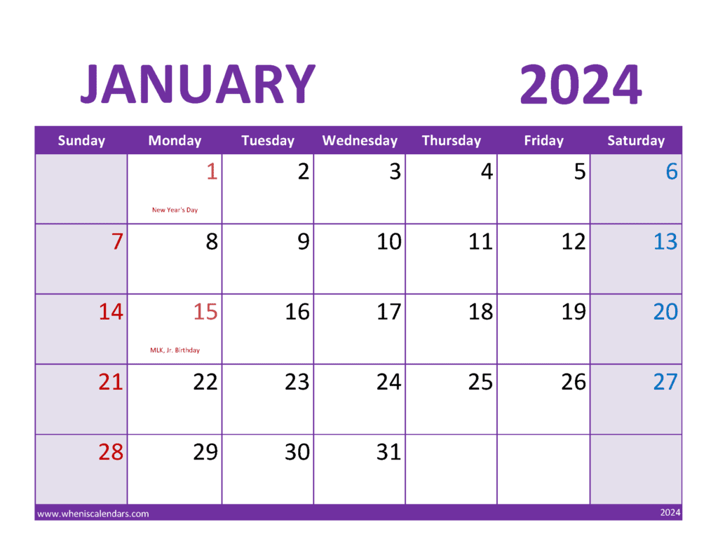 month of January 2024 Calendar Printable Monthly Calendar