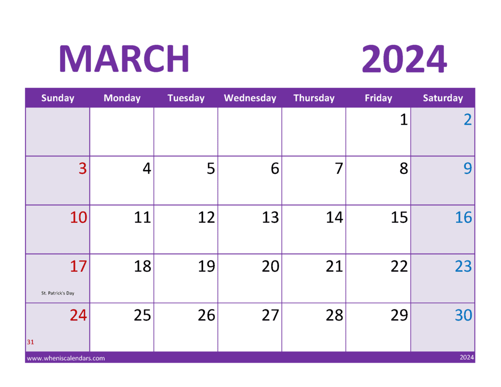 month of March 2024 Calendar Printable Monthly Calendar