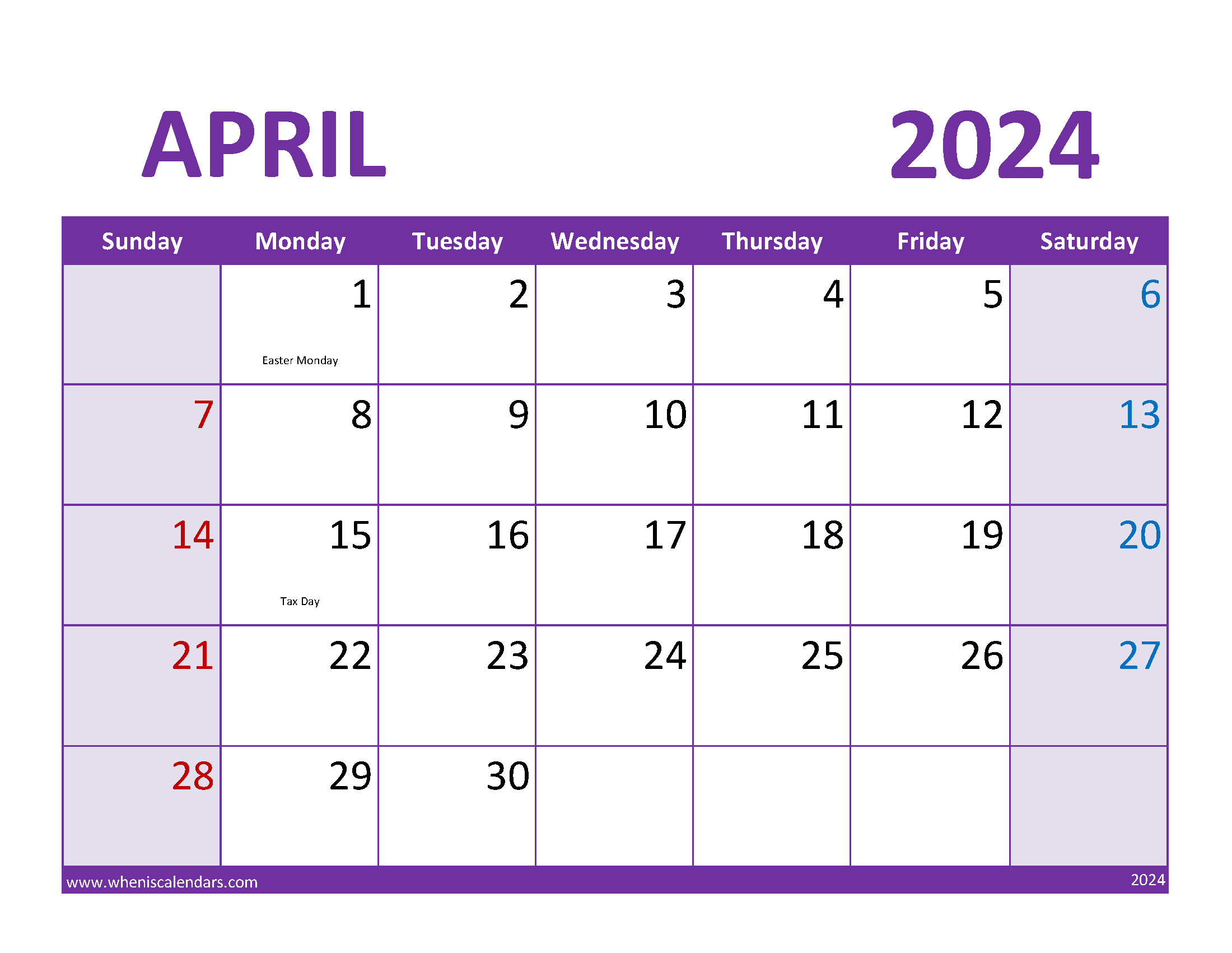 month of April 2024 Calendar Printable Monthly Calendar