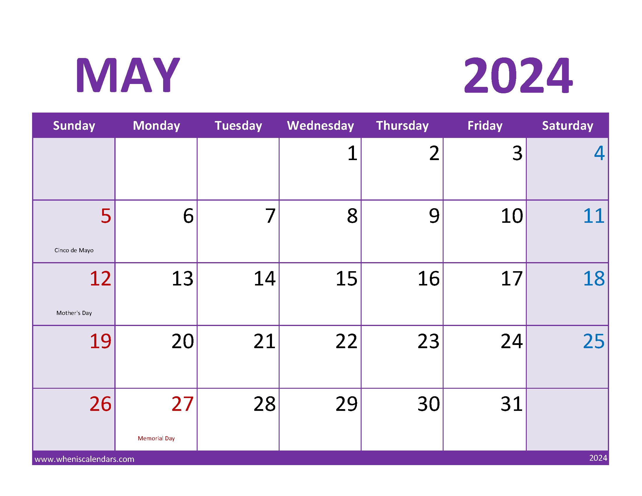 month of May 2024 Calendar Printable Monthly Calendar